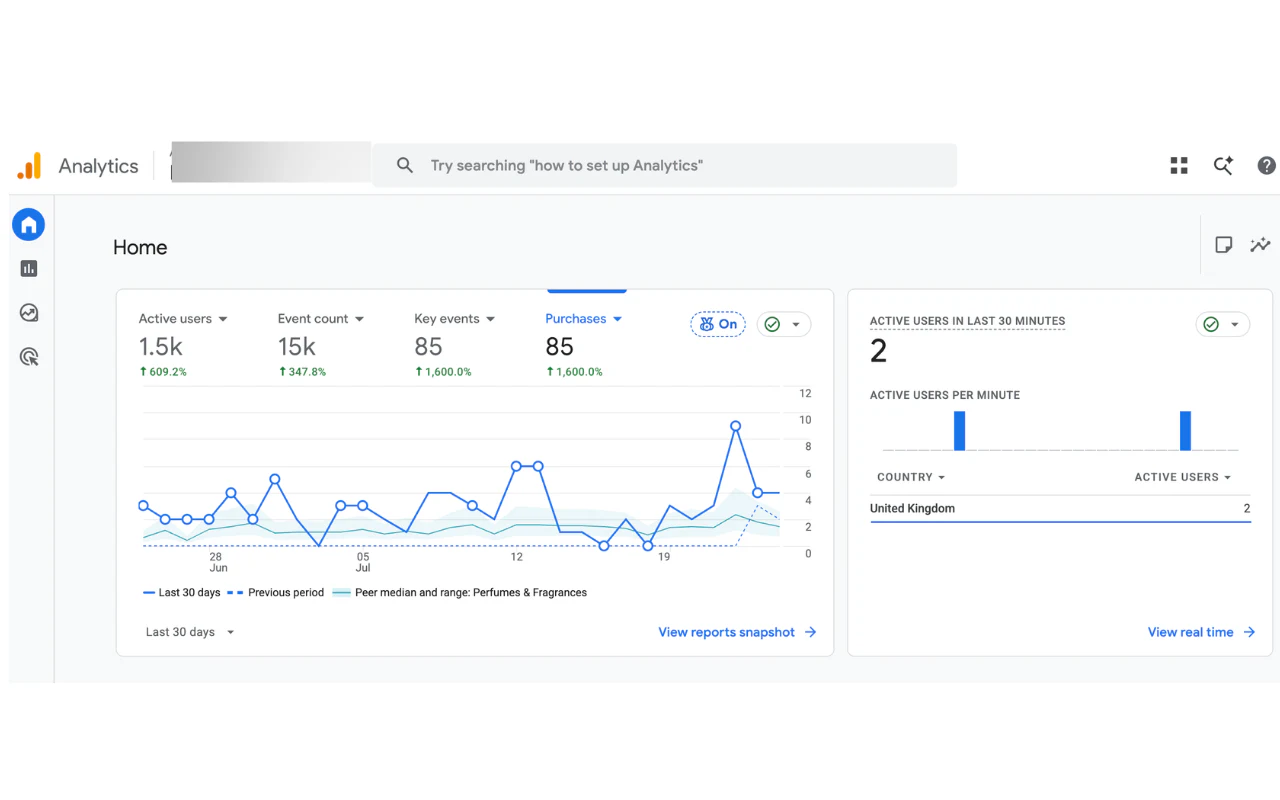 Google Analytics showing 85 purchases, up 1600 percent, over 30 days